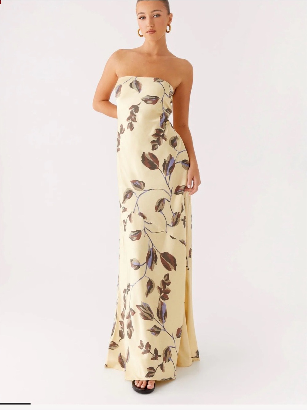 Peppermayo Strapless Cream Floral Column Gown with Brown & Blue Leaves
